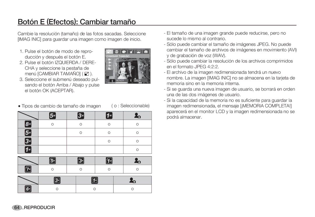 Samsung EC-S85ZZBBA/AS, EC-S85ZZSBA/E1, EC-S85ZZSBA/E2, EC-S85ZZPBA/E1, EC-S85ZZBBA/E1 manual Botón E Efectos Cambiar tamaño 