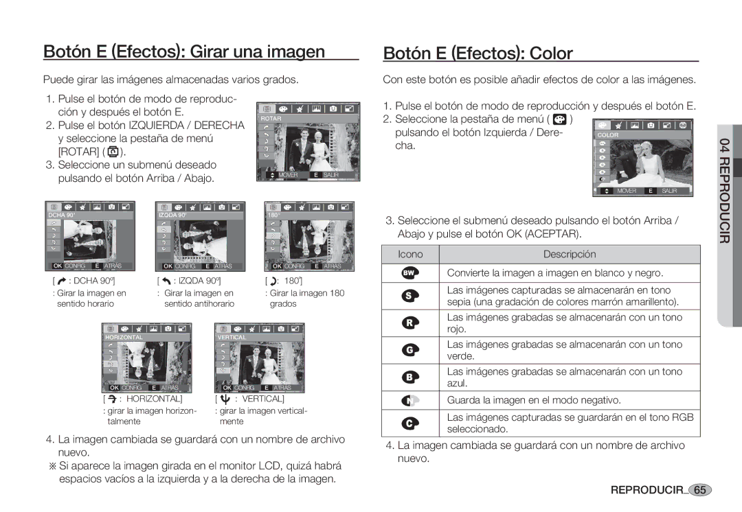 Samsung EC-S85ZZSBA/E1 Botón E Efectos Girar una imagen, Puede girar las imágenes almacenadas varios grados, Cha, Nuevo 