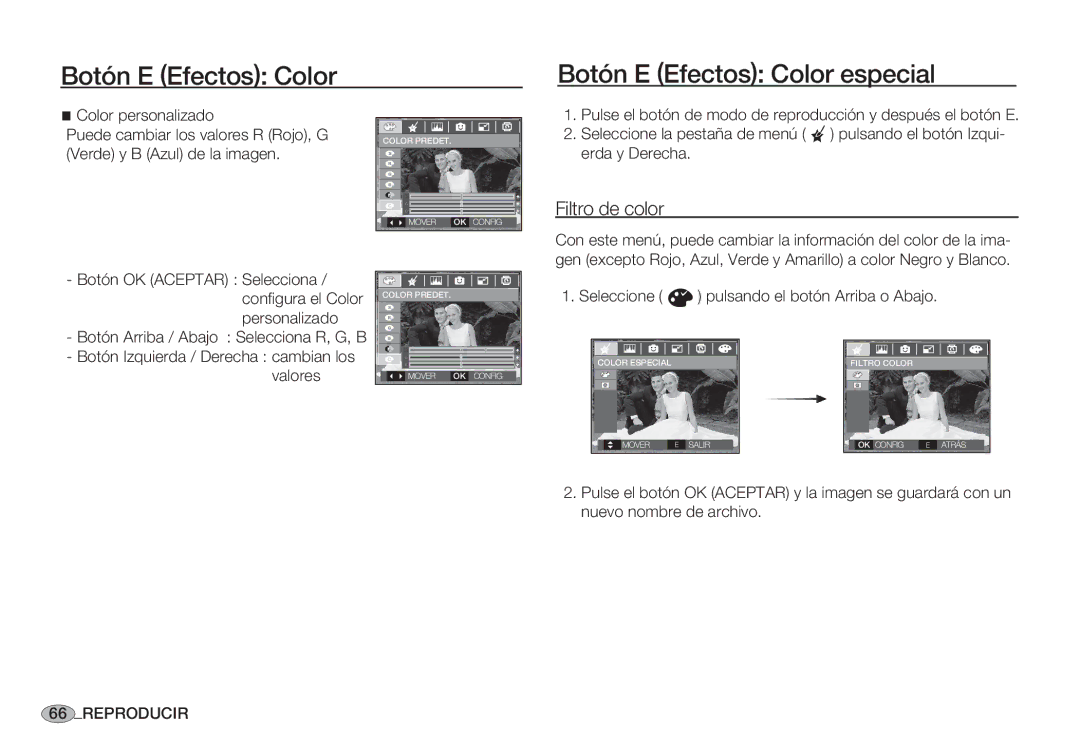 Samsung EC-S85ZZSBA/E2, EC-S85ZZSBA/E1 manual Botón E Efectos Color Botón E Efectos Color especial, Filtro de color 