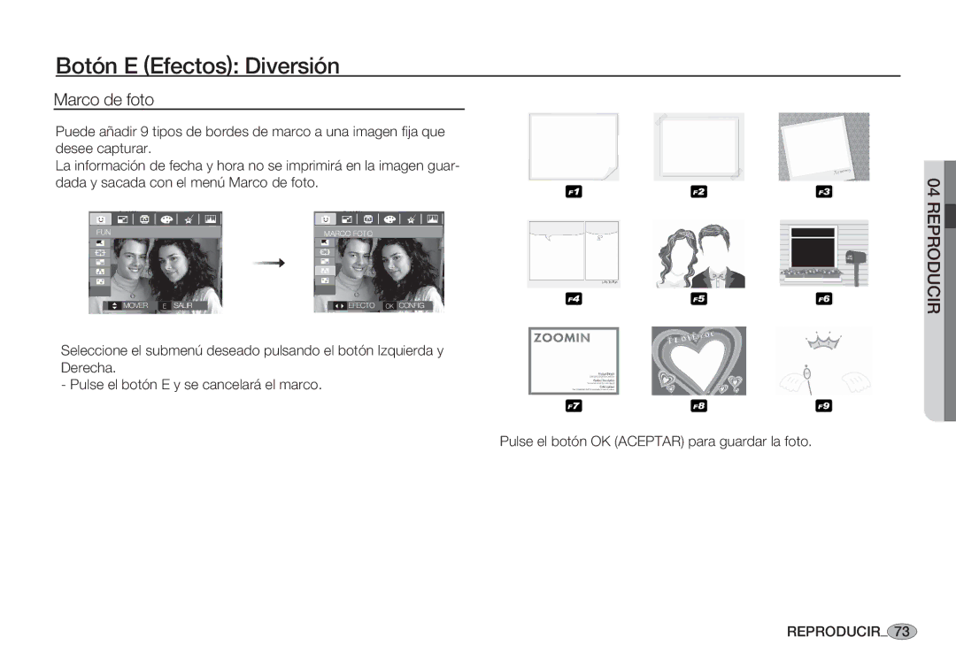 Samsung EC-S85ZZSBB/SP, EC-S85ZZSBA/E1, EC-S85ZZSBA/E2, EC-S85ZZPBA/E1 manual FUN Marco Foto Mover E Salir EFECTO OK Config 