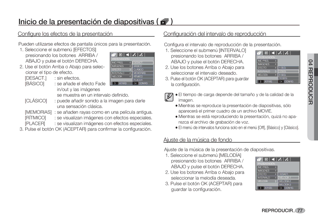 Samsung EC-S85ZZSBA/E2 manual Configure los efectos de la presentación, Configuración del intervalo de reproducción 