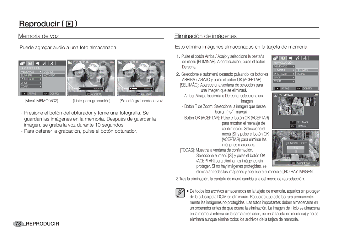 Samsung EC-S85ZZPBA/E1, EC-S85ZZSBA/E1, EC-S85ZZSBA/E2, EC-S85ZZBBA/E1 Reproducir ø, Memoria de voz, Eliminación de imágenes 