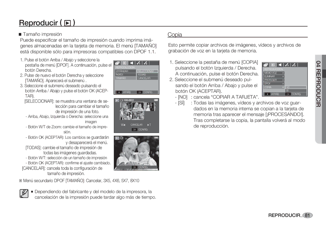 Samsung EC-S85ZZPBA/SP, EC-S85ZZSBA/E1, EC-S85ZZSBA/E2, EC-S85ZZPBA/E1 Copia, Tamaño impresión, Sión, Tamaño de impresión 