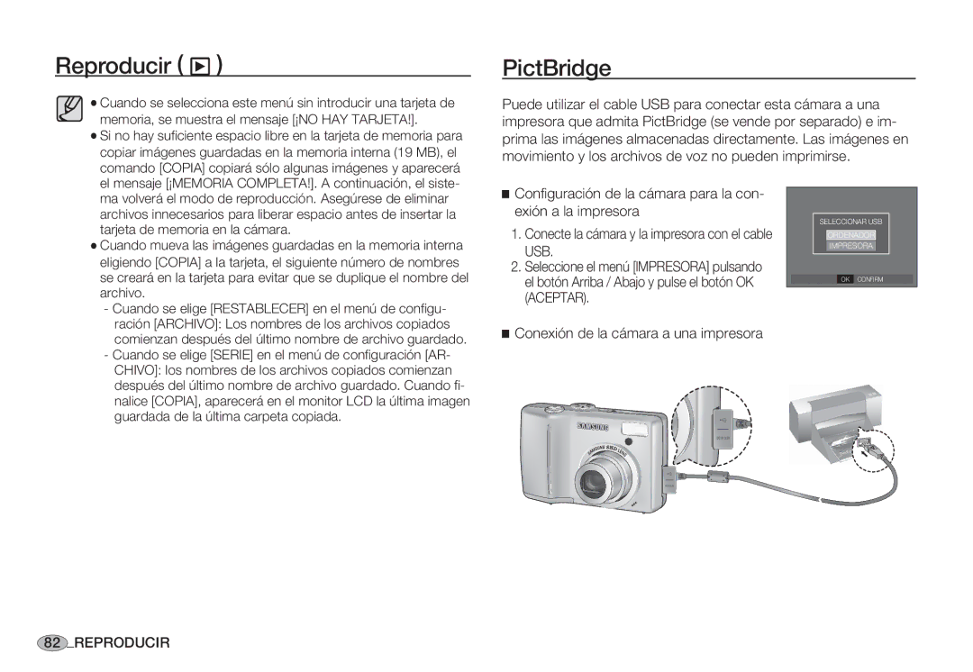 Samsung EC-S85ZZBBB/SP, EC-S85ZZSBA/E1, EC-S85ZZSBA/E2, EC-S85ZZPBA/E1 PictBridge, Conexión de la cámara a una impresora 