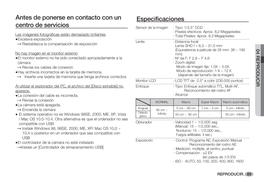 Samsung EC-S85ZZPBA/E1, EC-S85ZZSBA/E1, EC-S85ZZSBA/E2, EC-S85ZZBBA/E1, EC-S85ZZSBB/E1, EC-S85ZZPBA/SP Especificaciones, Usb 