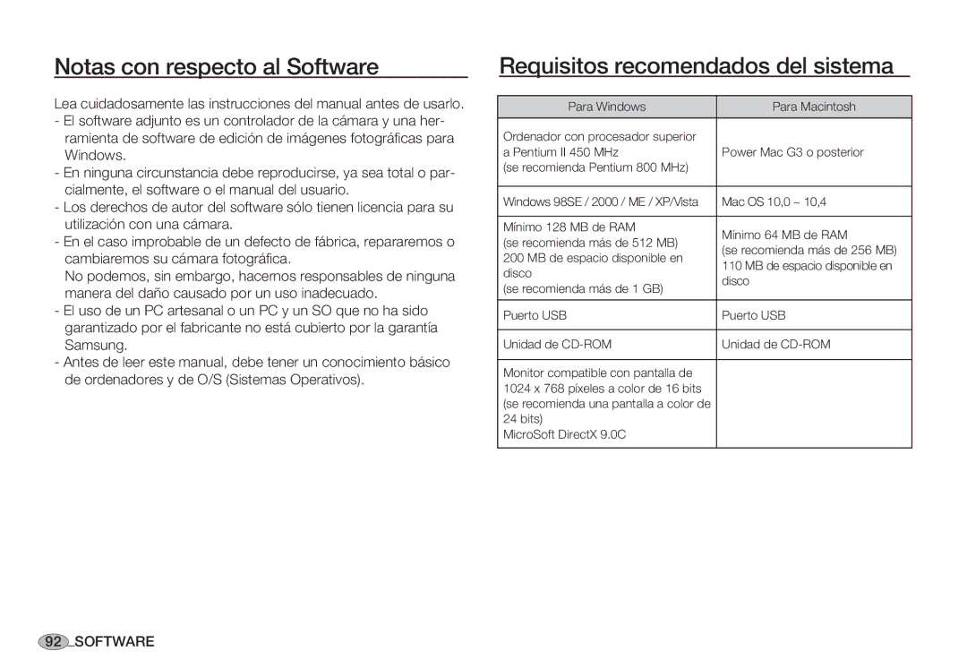 Samsung EC-S85ZZPBA/SP, EC-S85ZZSBA/E1, EC-S85ZZSBA/E2 Notas con respecto al Software, Requisitos recomendados del sistema 