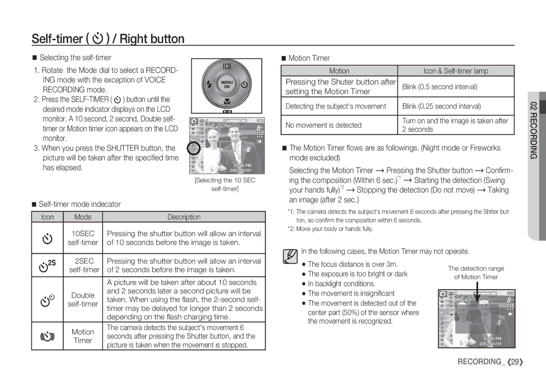 Samsung EC-S85ZZBDA/DE, EC-S85ZZSBB/E3 Selecting the self-timer, Self-timer mode indecator, Setting the Motion Timer 