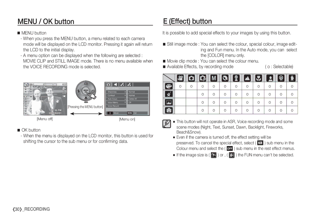 Samsung EC-S85ZZBDA/GB, EC-S85ZZPAA Menu / OK button, Effect button, Color menu only, Available Effects, by recording mode 