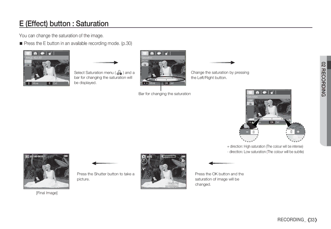 Samsung EC-S85ZZPDB/AS, EC-S85ZZSBB/E3, EC-S85ZZSBA/E1 Effect button Saturation, Press the Shutter button to take a picture 