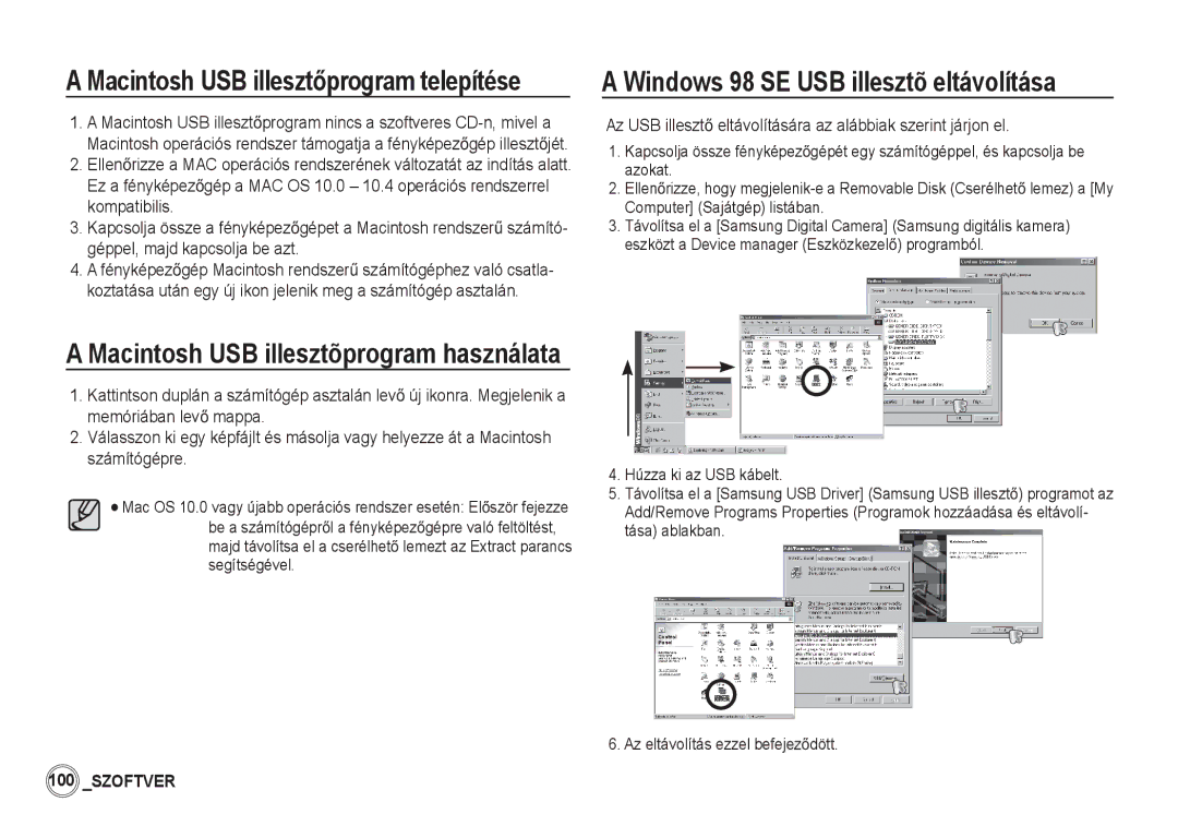 Samsung EC-S85ZZSBA/E1, EC-S85ZZSBB/E3, EC-S85ZZPBA/E2, EC-S85ZZBBA/E2 manual Windows 98 SE USB illesztõ eltávolítása 