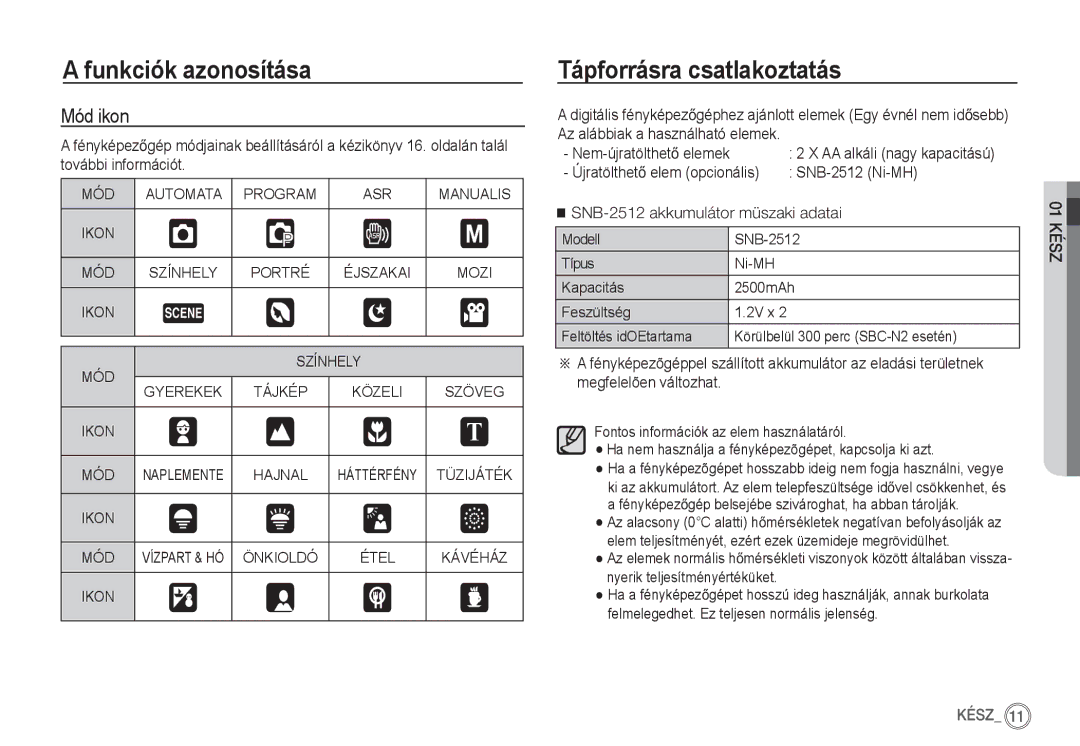 Samsung EC-S85ZZPBA/E2 manual Tápforrásra csatlakoztatás, Mód ikon, SNB-2512 Ni-MH, SNB-2512 akkumulátor müszaki adatai 