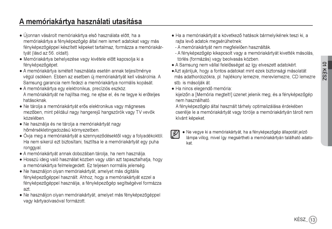 Samsung EC-S85ZZBDA/E3, EC-S85ZZSBB/E3, EC-S85ZZSBA/E1, EC-S85ZZPBA/E2, EC-S85ZZBBA/E2 Memóriakártya használati utasítása 