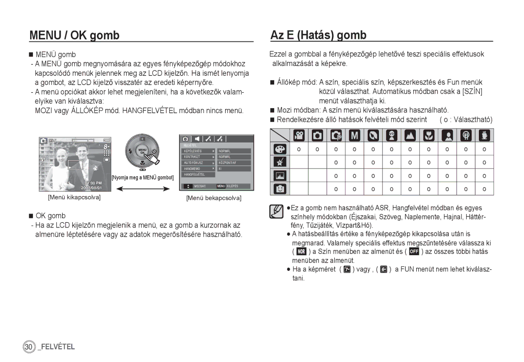 Samsung EC-S85ZZSBA/E1, EC-S85ZZSBB/E3, EC-S85ZZPBA/E2, EC-S85ZZBBA/E2 manual Menu / OK gomb, Az E Hatás gomb, Menü gomb 