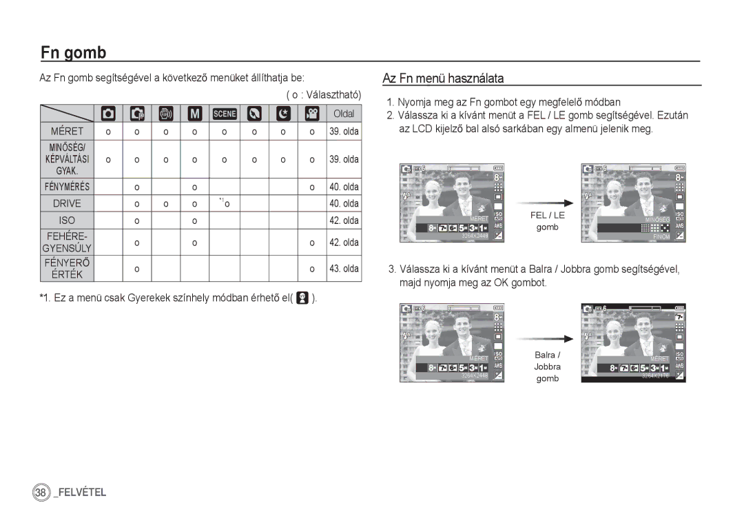 Samsung EC-S85ZZBDA/DE, EC-S85ZZSBB/E3 manual ‰ ‚ ³, Az Fn menü használata, Nyomja meg az Fn gombot egy megfelelĘ módban 