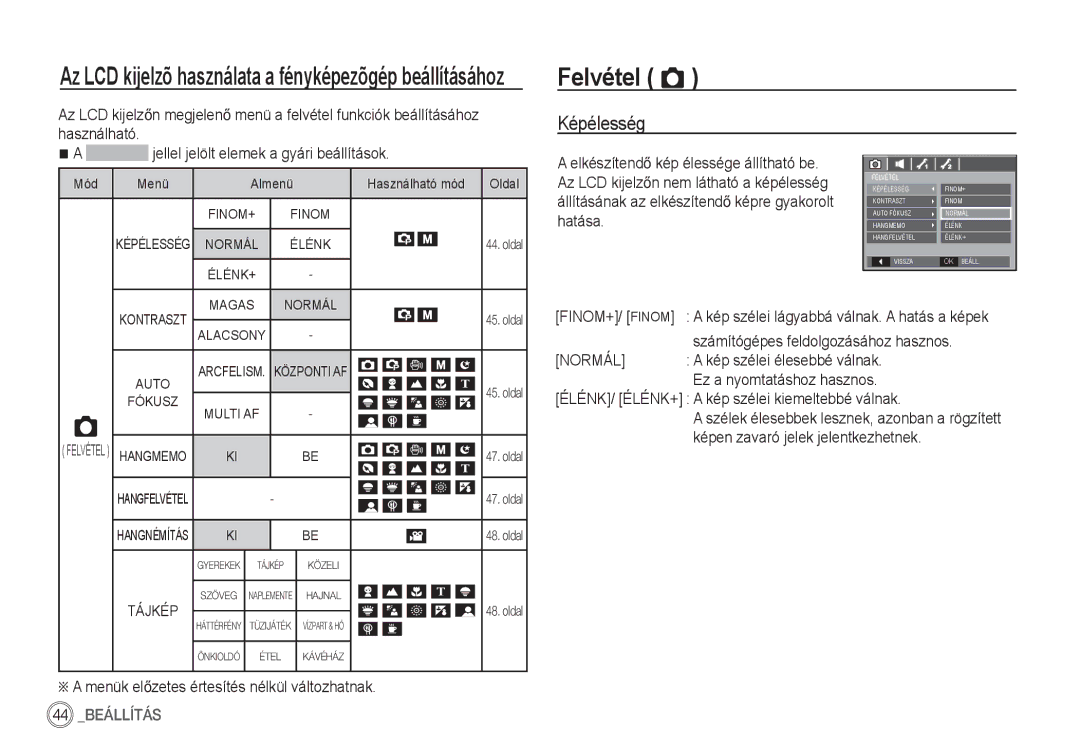 Samsung EC-S85ZZSBA/E2, EC-S85ZZSBB/E3, EC-S85ZZSBA/E1 Felvétel Ò, Képélesség, Jellel jelölt elemek a gyári beállítások 