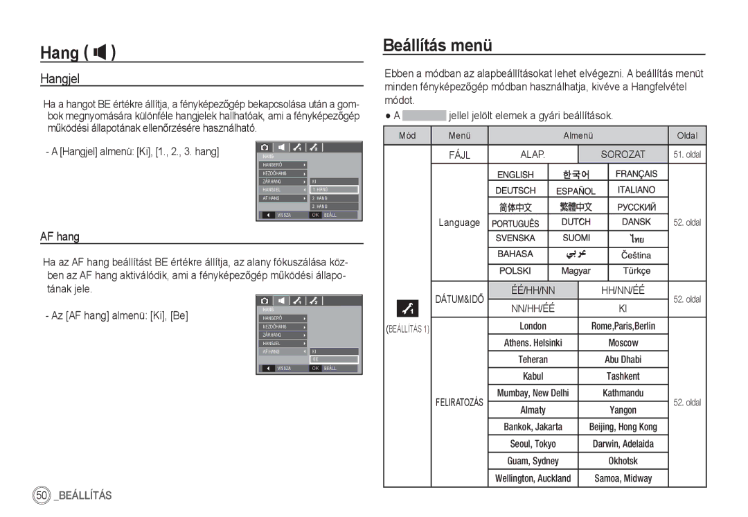 Samsung EC-S85ZZSBA/E1, EC-S85ZZSBB/E3, EC-S85ZZPBA/E2, EC-S85ZZBBA/E2 Beállítás menü, Hangjel, Az AF hang almenü Ki, Be 