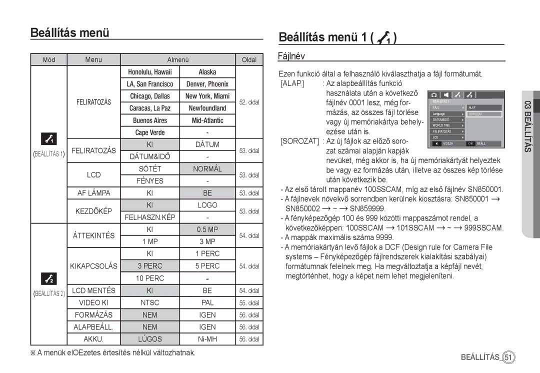 Samsung EC-S85ZZPBA/E2, EC-S85ZZSBB/E3, EC-S85ZZSBA/E1, EC-S85ZZBBA/E2, EC-S85ZZBDA/E3 manual Beállítás menü 1 À, Fájlnév, Alap 