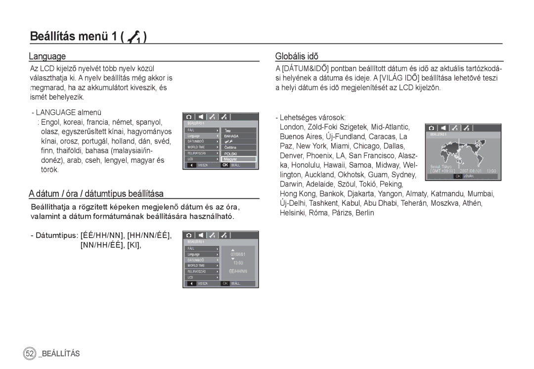 Samsung EC-S85ZZBBA/E2 Language Globális idõ, Dátum / óra / dátumtípus beállítása, Language almenü, Lehetséges városok 