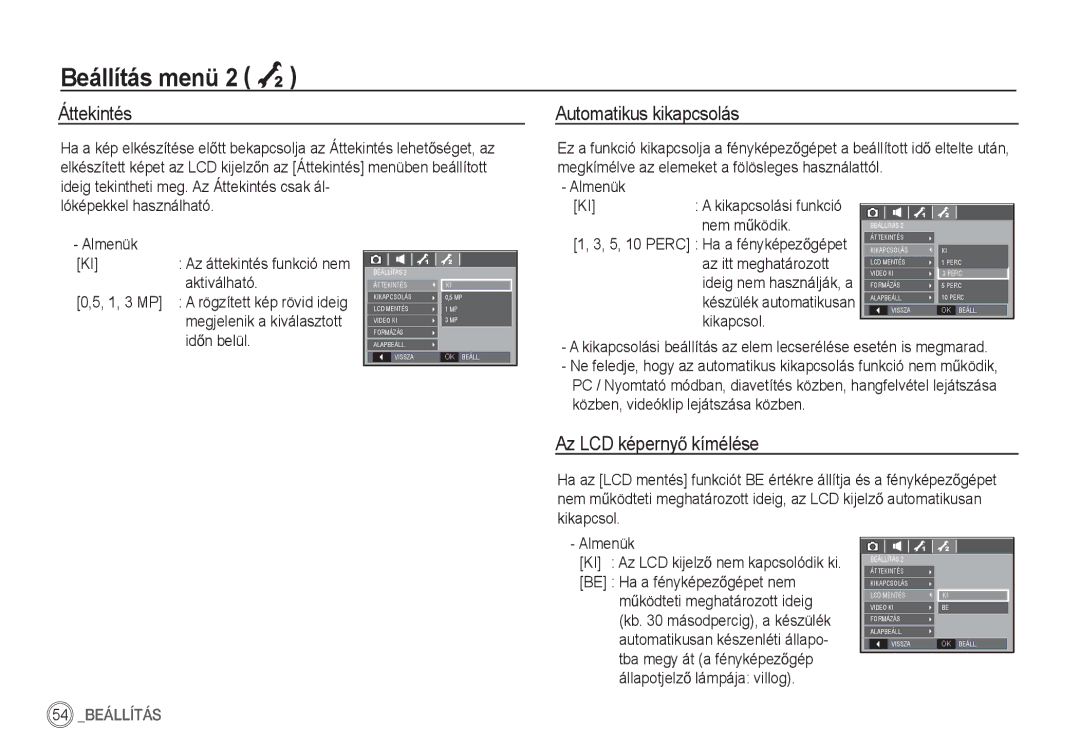 Samsung EC-S85ZZSBA/E2, EC-S85ZZSBB/E3 Beállítás menü 2 Á, Áttekintés, Automatikus kikapcsolás, Az LCD képernyĘ kímélése 