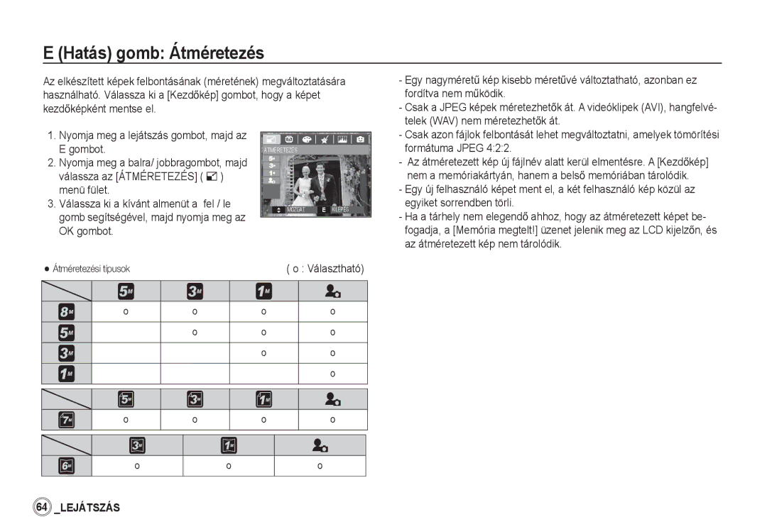 Samsung EC-S85ZZSBA/E2 Fordítva nem mĦködik, KezdĘképként mentse el, Telek WAV nem méretezhetĘk át, Gombot, Formátuma Jpeg 