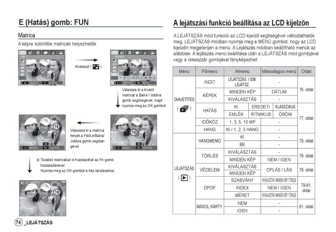 Samsung EC-S85ZZSBA/E2 manual Matrica, Képre különféle matricák helyezhetĘk, Másodlagos menü Oldal, Oplås / LÅS 79. oldal 