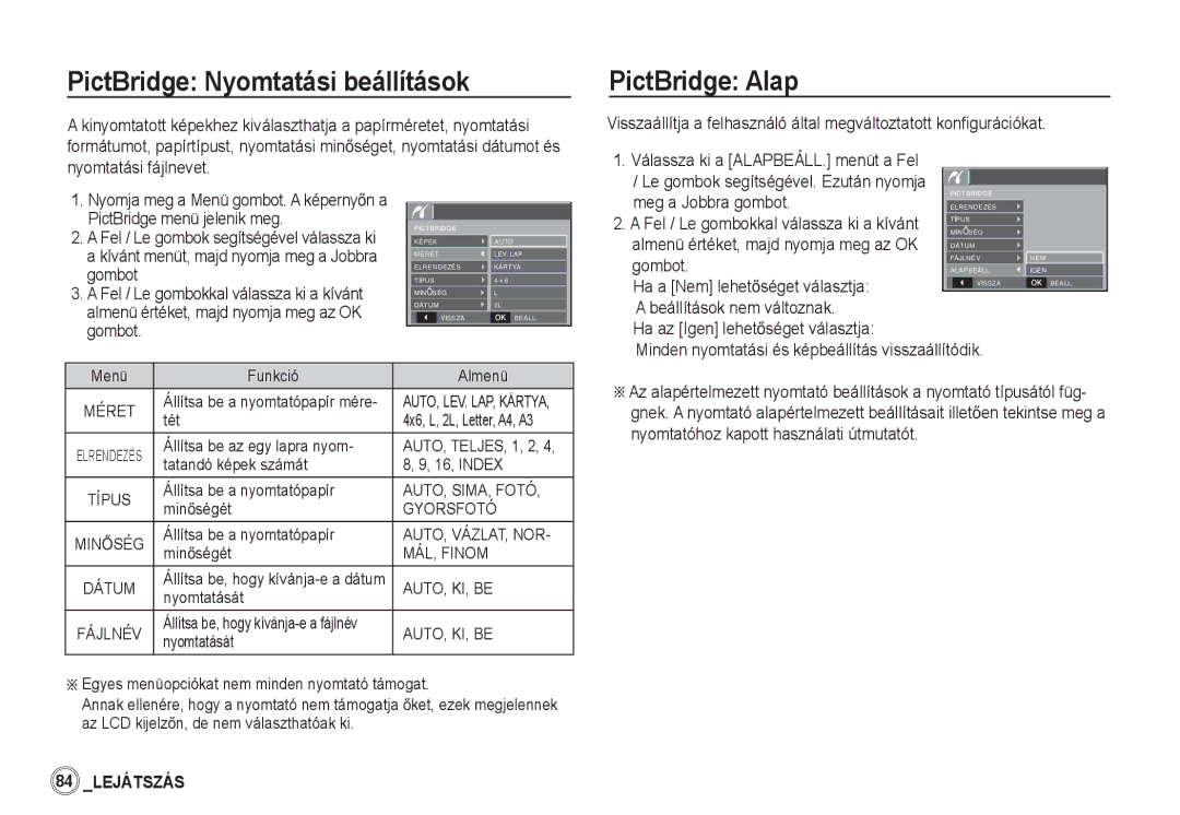 Samsung EC-S85ZZSBA/E2, EC-S85ZZSBB/E3, EC-S85ZZSBA/E1, EC-S85ZZPBA/E2 PictBridge Nyomtatási beállítások, PictBridge Alap 