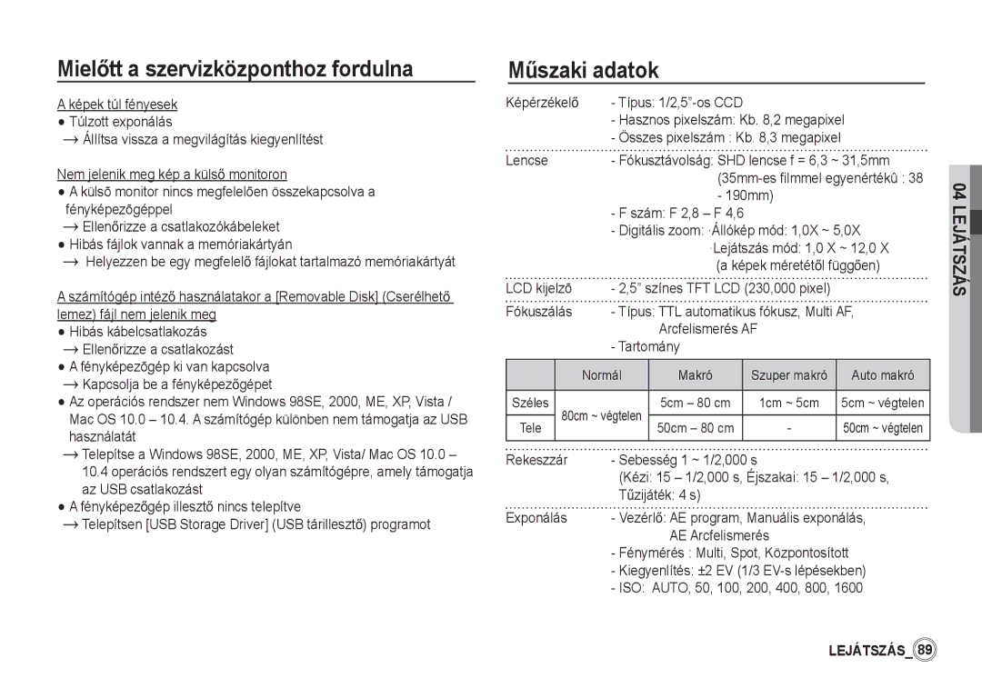 Samsung EC-S85ZZSBB/E3, EC-S85ZZSBA/E1, EC-S85ZZPBA/E2, EC-S85ZZBBA/E2, EC-S85ZZBDA/E3, EC-S85ZZSBA/E2 manual MĦszaki adatok 