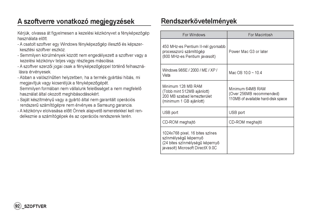 Samsung EC-S85ZZBBA/E2, EC-S85ZZSBB/E3 Szoftverre vonatkozó megjegyzések, Rendszerkövetelmények, For Windows For Macintosh 