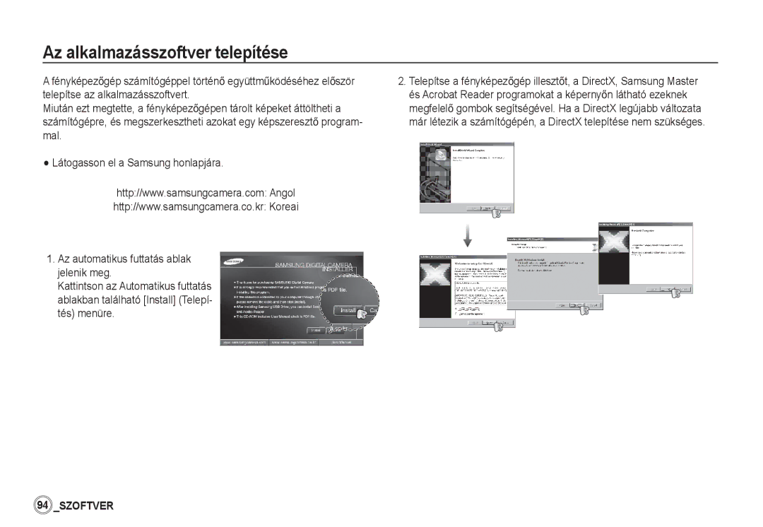 Samsung EC-S85ZZSBA/E2, EC-S85ZZSBB/E3, EC-S85ZZSBA/E1, EC-S85ZZPBA/E2 manual Az alkalmazásszoftver telepítése, Tés menüre 