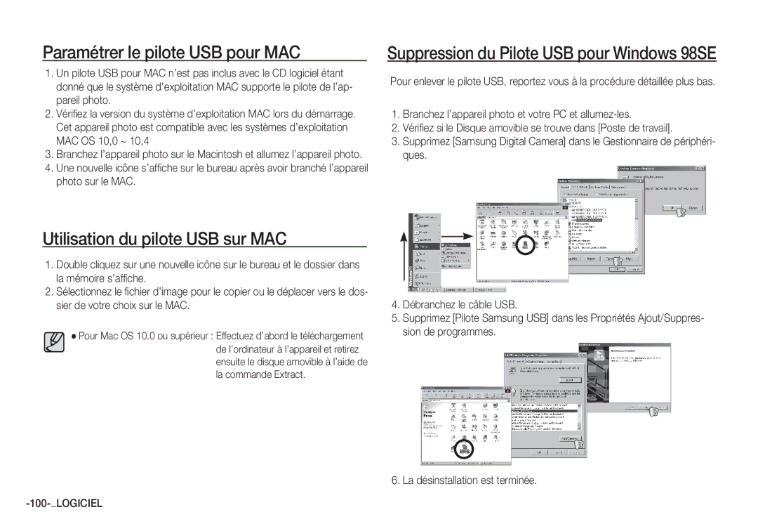 Samsung EC-S85ZZPBA/E2, EC-S85ZZSBB/E3, EC-S85ZZSBA/E1 Paramétrer le pilote USB pour MAC, Utilisation du pilote USB sur MAC 