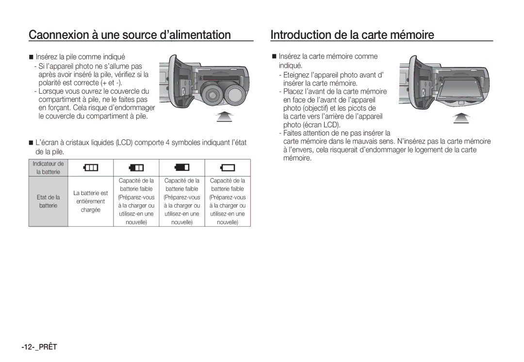 Samsung EC-S85ZZPDA/E3, EC-S85ZZSBB/E3 manual Caonnexion à une source d’alimentation, Introduction de la carte mémoire 