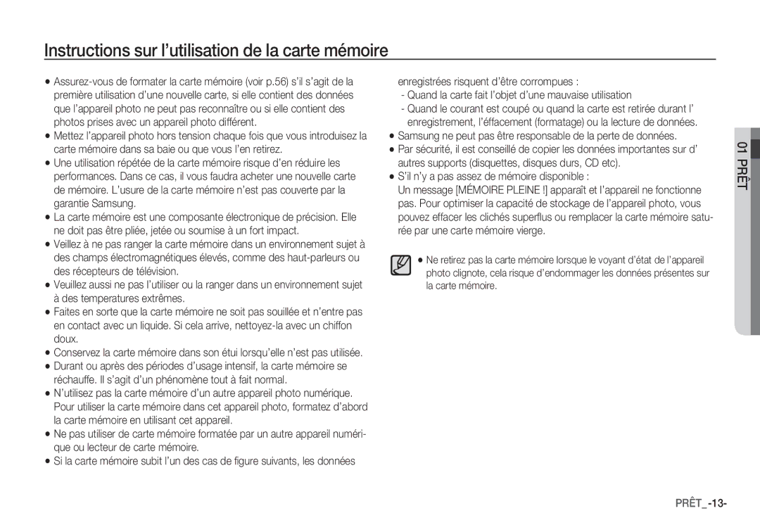 Samsung EC-S85ZZBDA/E3 manual Instructions sur l’utilisation de la carte mémoire, ’il n’y a pas assez de mémoire disponible 