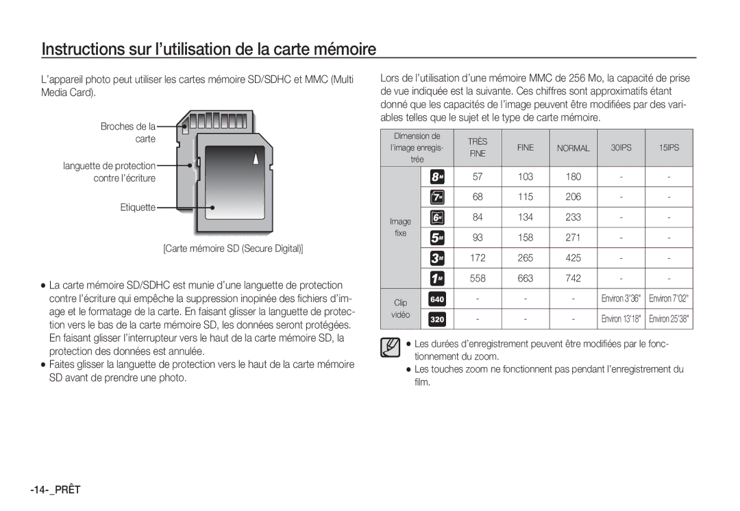 Samsung EC-S85ZZSBA/E2, EC-S85ZZSBB/E3 manual 14- Prêt, Broches de la carte, Etiquette Carte mémoire SD Secure Digital 