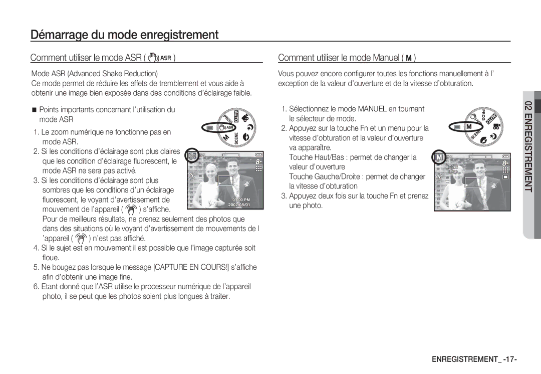 Samsung EC-S85ZZSBB/E3, EC-S85ZZSBA/E1, EC-S85ZZPBA/E2 Comment utiliser le mode ASR ·, Comment utiliser le mode Manuel ¸ 