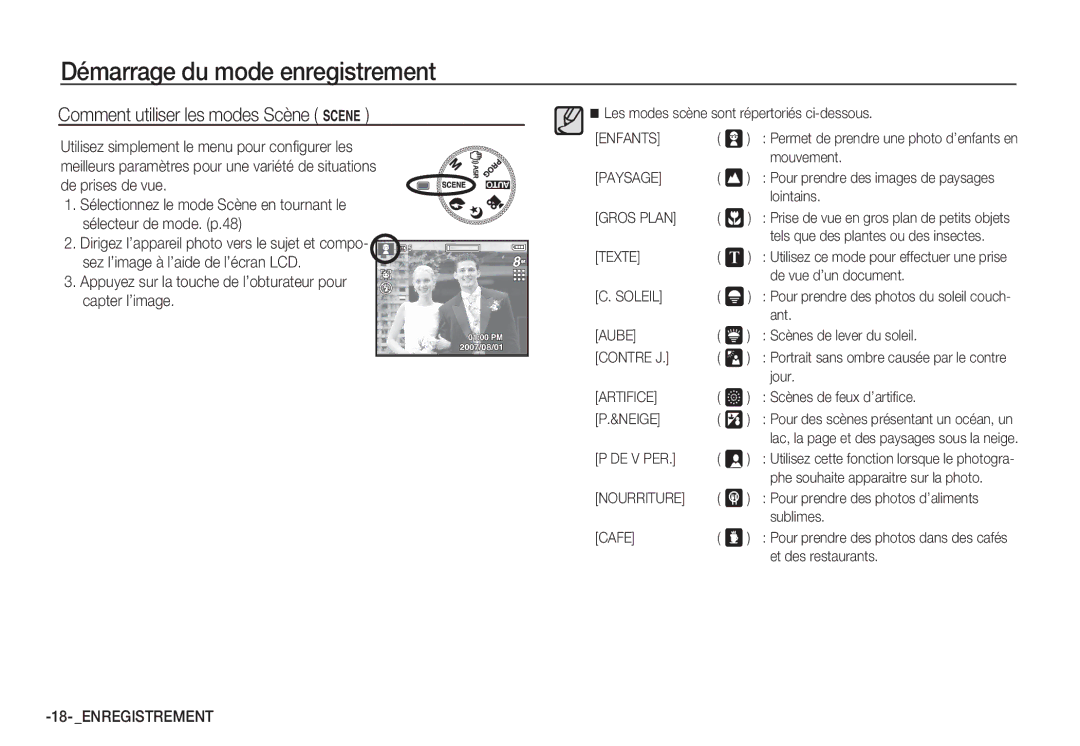 Samsung EC-S85ZZSBA/E1 Comment utiliser les modes Scène, Utilisez simplement le menu pour conﬁgurer les, Capter l’image 