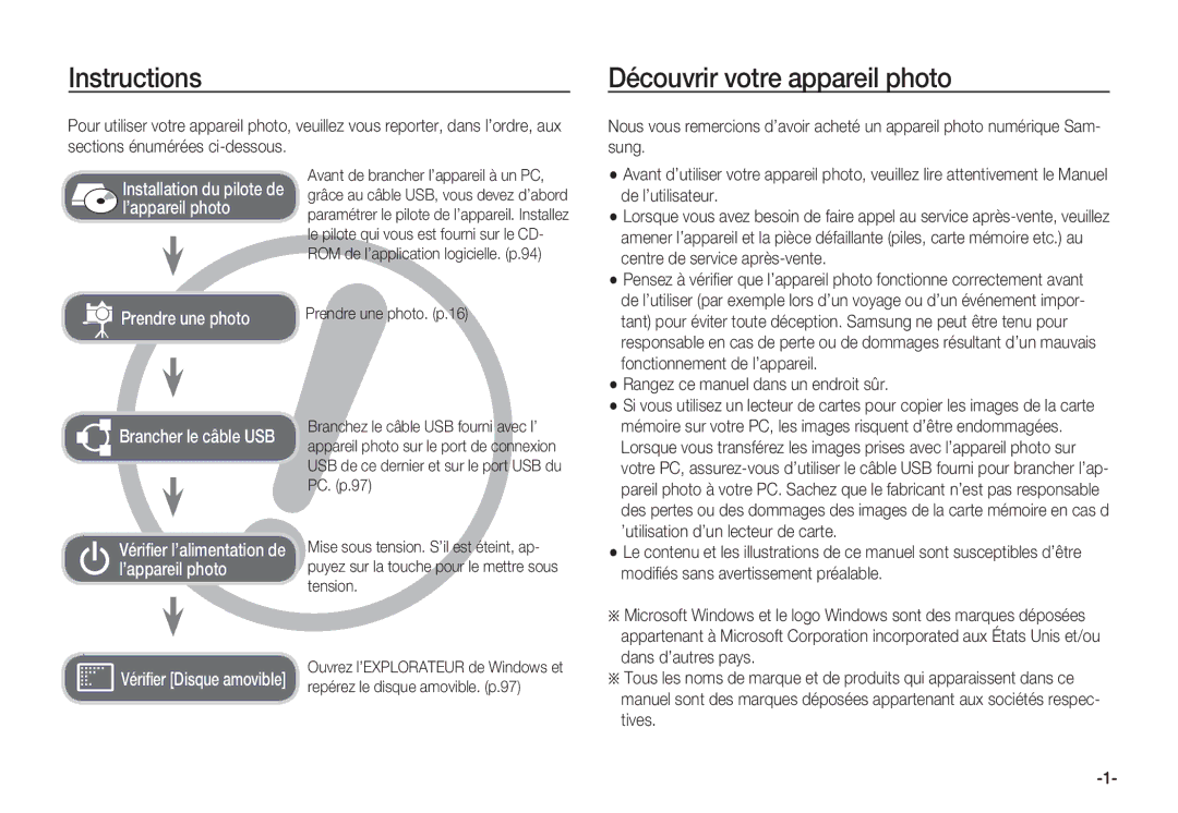 Samsung EC-S85ZZPBA/E2, EC-S85ZZSBB/E3 Instructions, Découvrir votre appareil photo, Rangez ce manuel dans un endroit sûr 