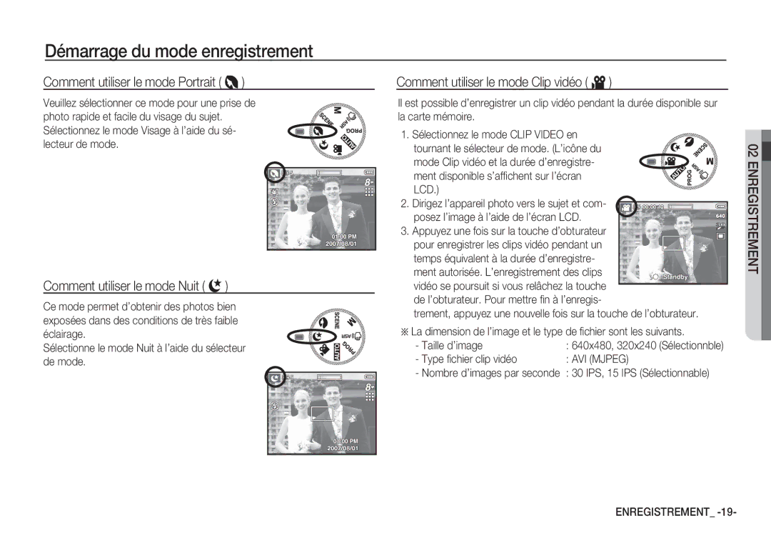 Samsung EC-S85ZZPBA/E2 Comment utiliser le mode Portrait, Comment utiliser le mode Nuit, Type ﬁchier clip vidéo, AVI Mjpeg 