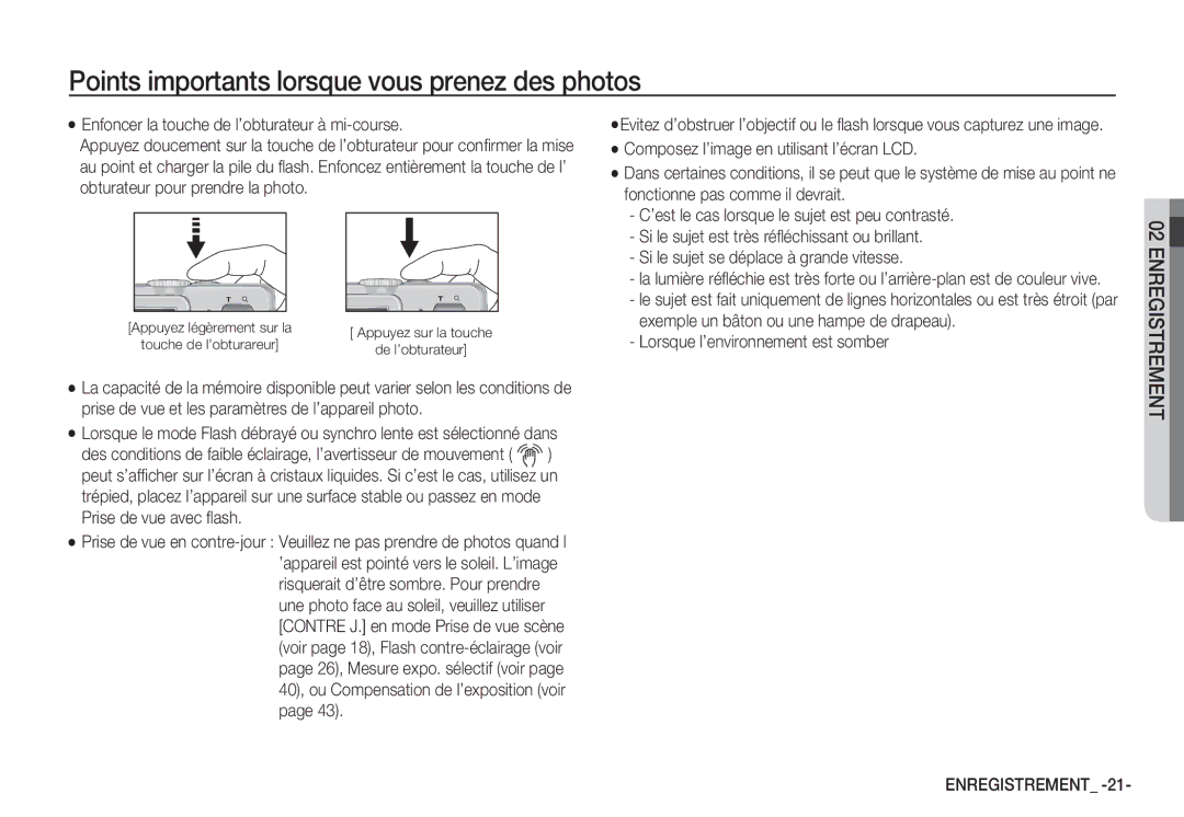 Samsung EC-S85ZZPDA/E3 Points importants lorsque vous prenez des photos, Enfoncer la touche de l’obturateur à mi-course 