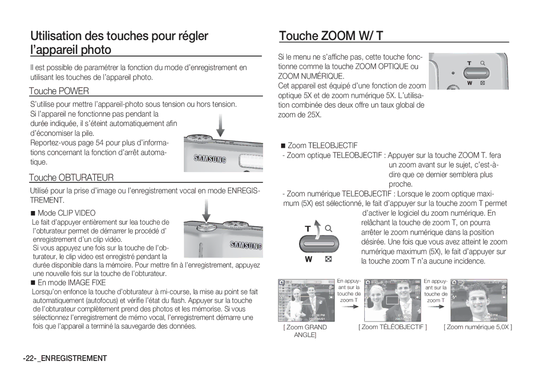 Samsung EC-S85ZZBDA/E3 manual Utilisation des touches pour régler l’appareil photo, Touche Zoom W/ T, Touche Power 