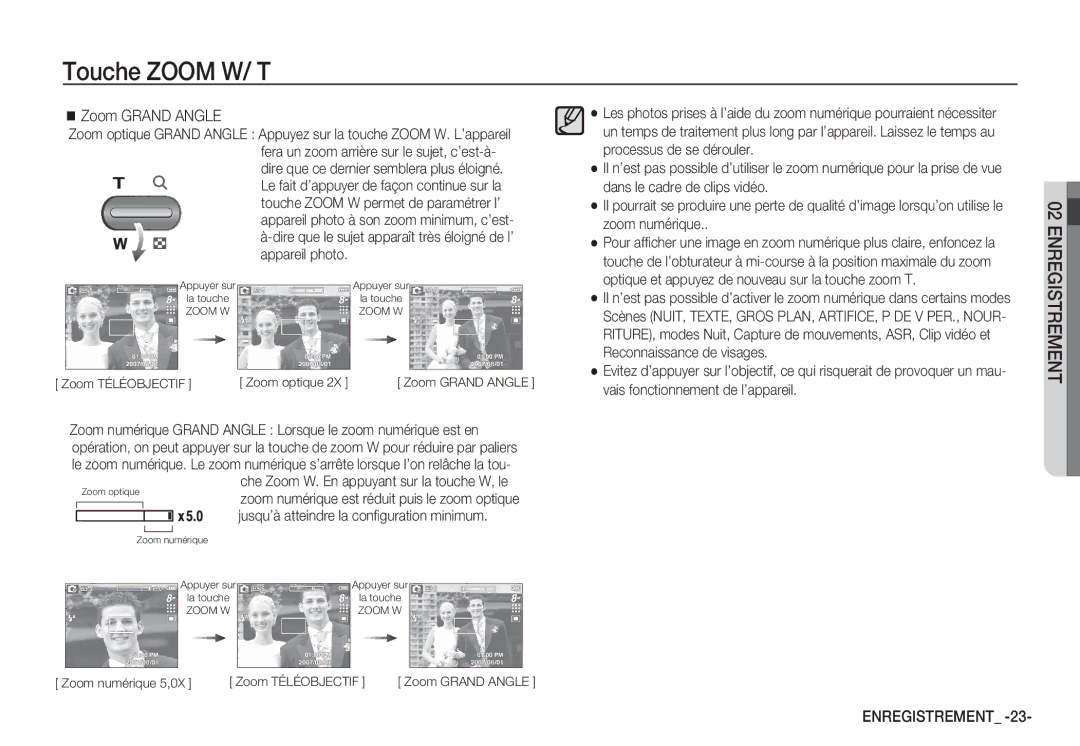 Samsung EC-S85ZZSBA/E2, EC-S85ZZSBB/E3, EC-S85ZZSBA/E1 manual Zoom numérique 5,0X Zoom Téléobjectif Zoom Grand Angle 