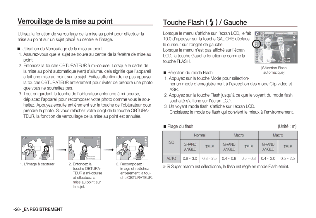 Samsung EC-S85ZZSBB/E3 manual Verrouillage de la mise au point, Touche Flash / Gauche, Plage du ﬂash, ISO Grand Tele, Angle 