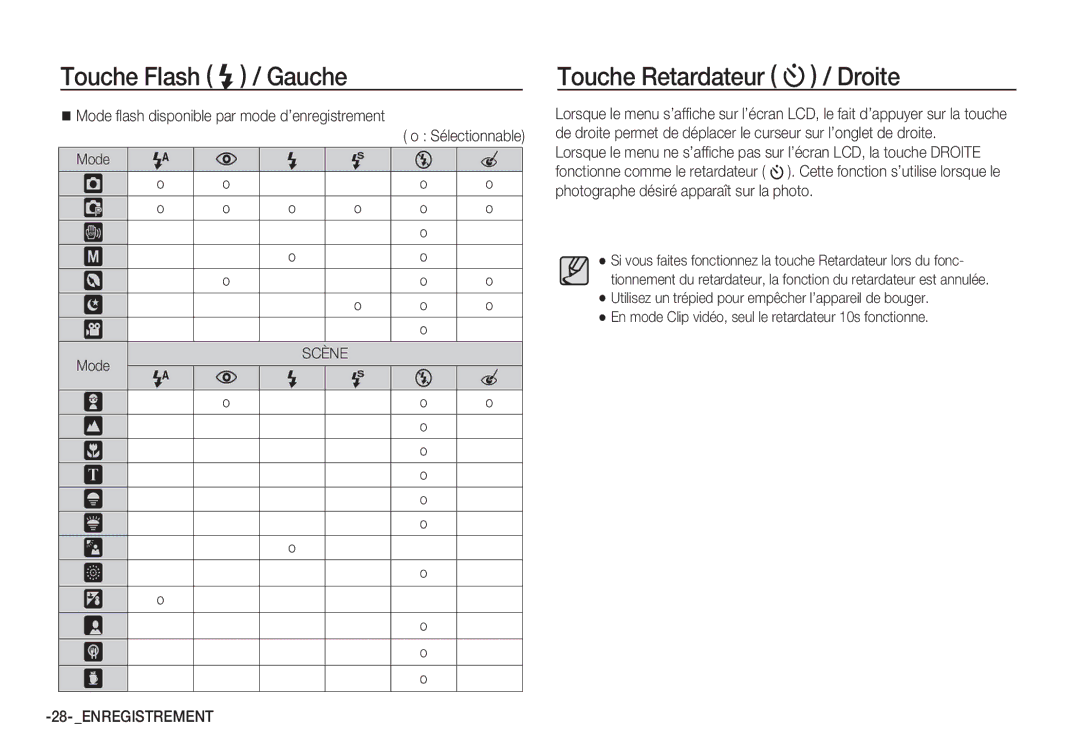 Samsung EC-S85ZZPBA/E2, EC-S85ZZSBB/E3 Touche Retardateur / Droite, En mode Clip vidéo, seul le retardateur 10s fonctionne 