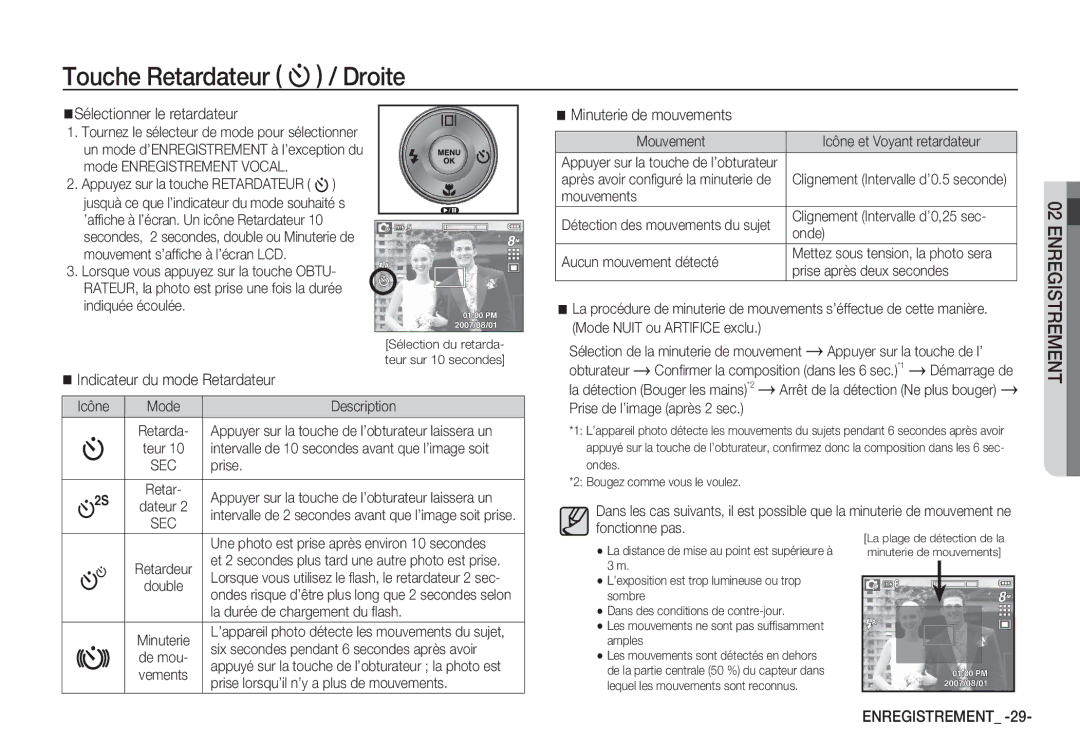 Samsung EC-S85ZZBBA/E2 manual Sélectionner le retardateur, Indicateur du mode Retardateur, Minuterie de mouvements, Sec 