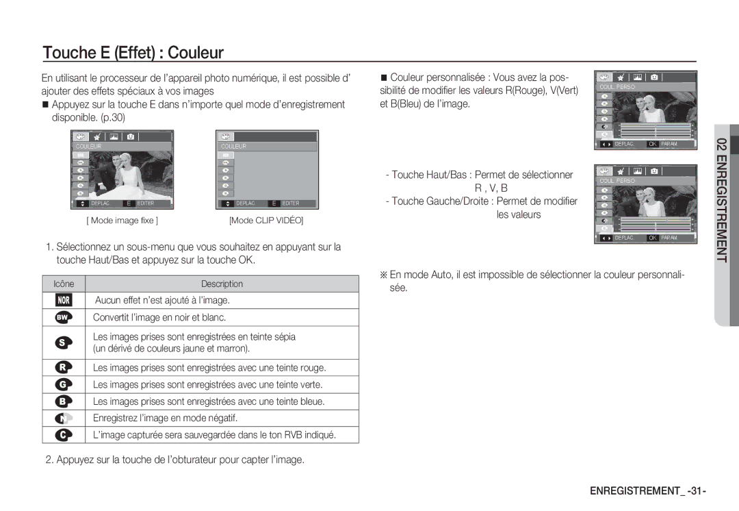 Samsung EC-S85ZZBDA/E3 manual Touche E Effet Couleur, Touche Haut/Bas Permet de sélectionner R , V, B, Mode image ﬁxe 