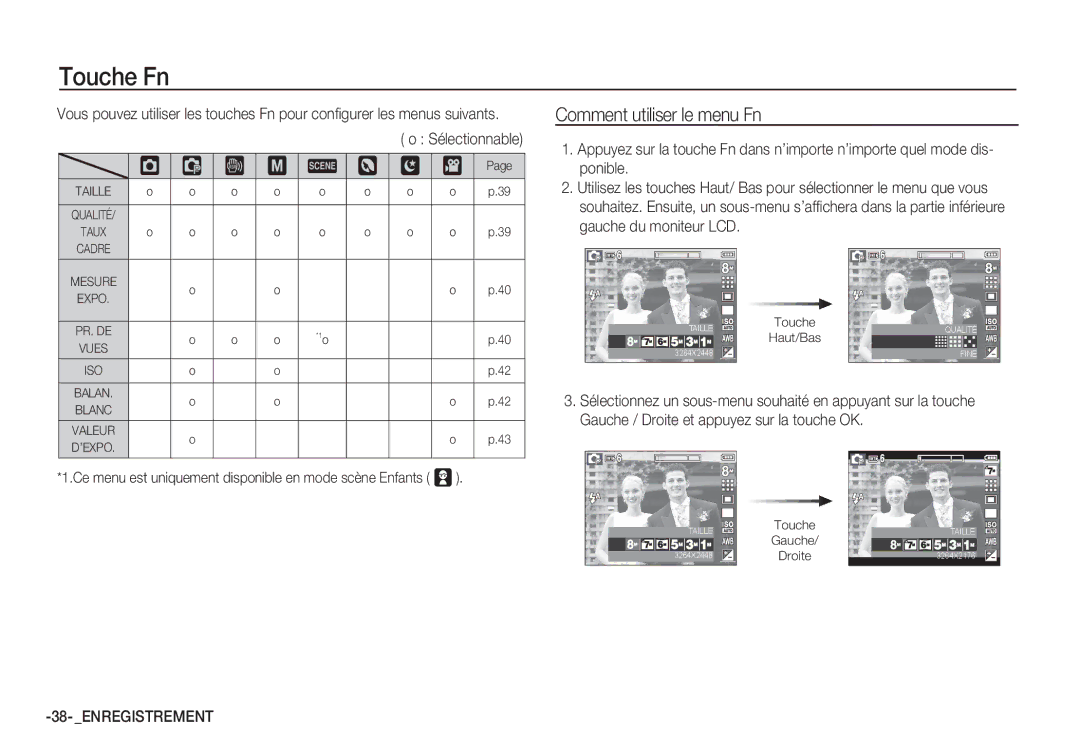 Samsung EC-S85ZZBBA/E2, EC-S85ZZSBB/E3, EC-S85ZZSBA/E1 manual Touche Fn, Comment utiliser le menu Fn, Sélectionnable 