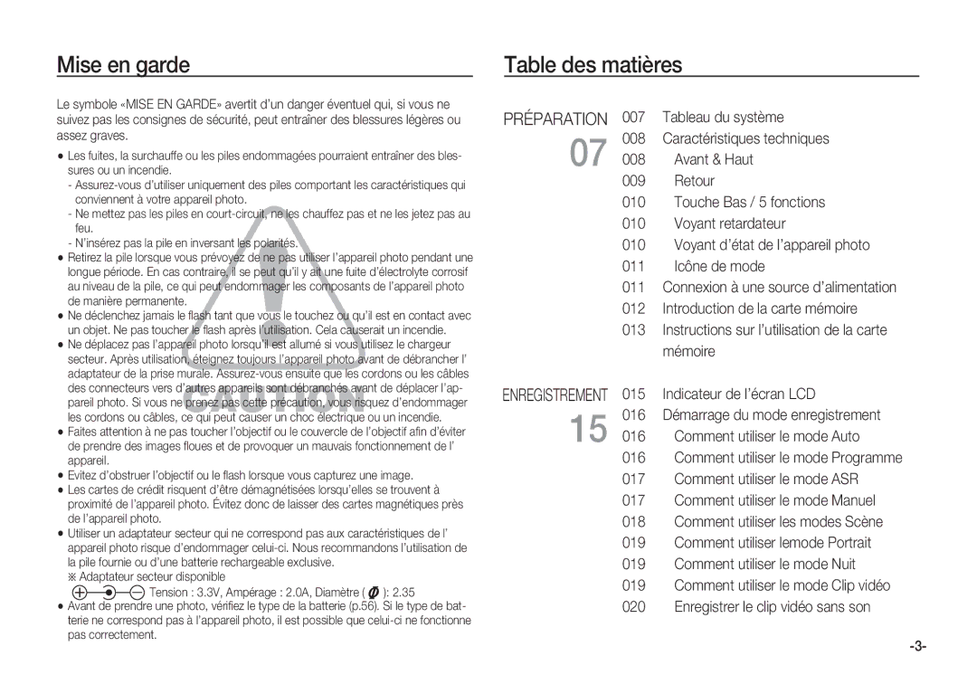 Samsung EC-S85ZZPDA/E3, EC-S85ZZSBB/E3 manual Mise en garde, Table des matières, Enregistrer le clip vidéo sans son 