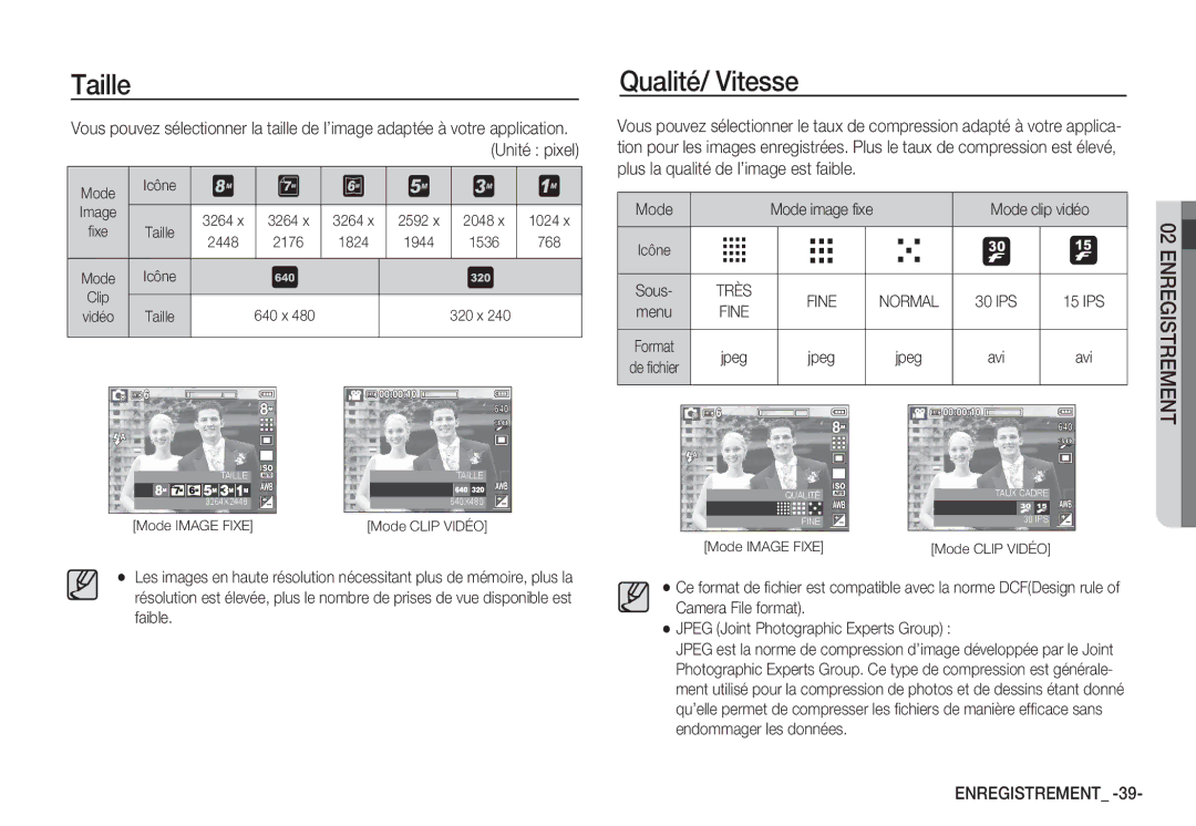 Samsung EC-S85ZZPDA/E3, EC-S85ZZSBB/E3, EC-S85ZZSBA/E1, EC-S85ZZPBA/E2, EC-S85ZZBBA/E2 manual Taille, Qualité/ Vitesse 