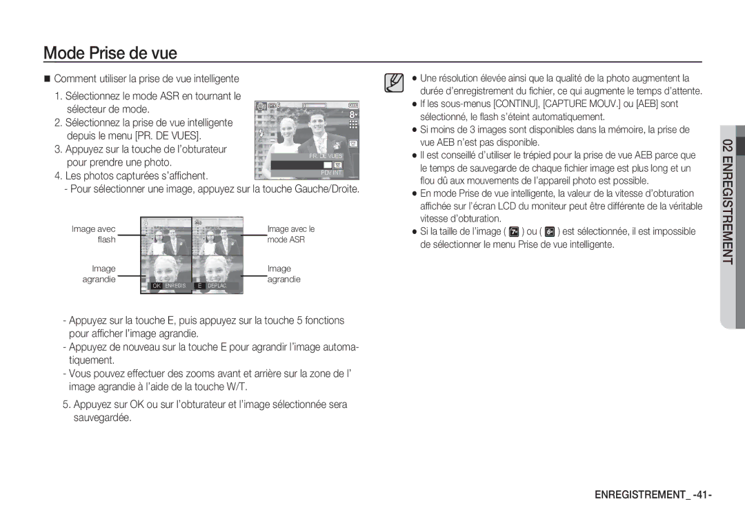 Samsung EC-S85ZZSBA/E2 manual Pour prendre une photo, Les photos capturées s’afﬁchent, Image avec ﬂash Image agrandie 