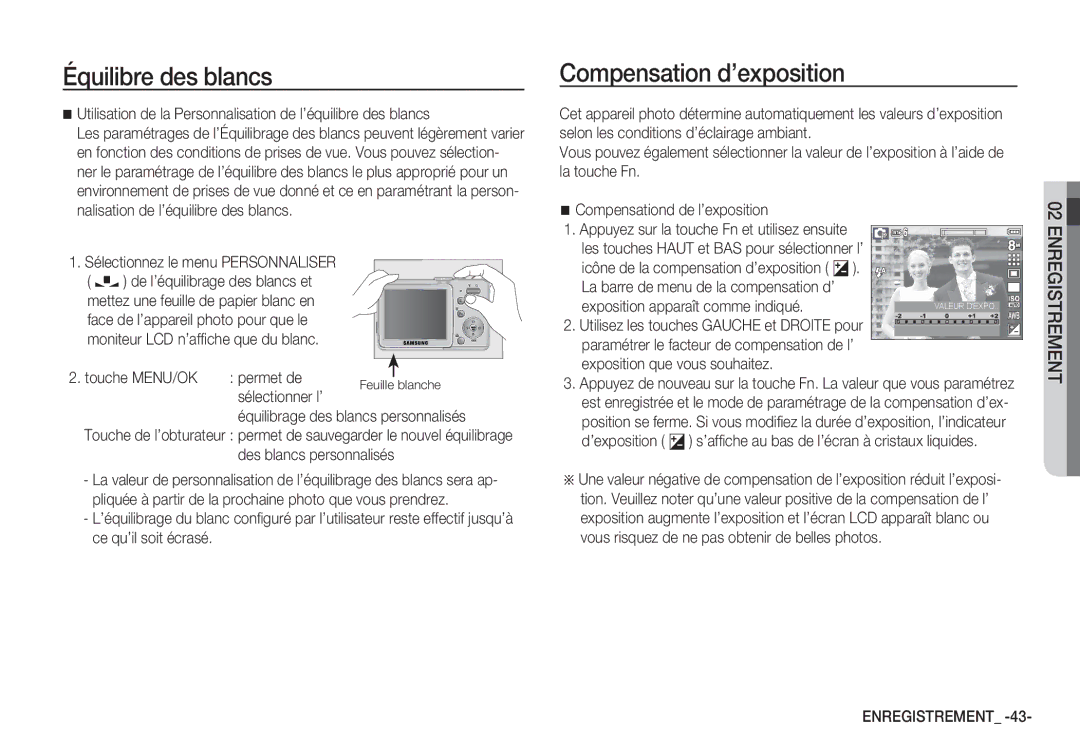 Samsung EC-S85ZZBBA/E1, EC-S85ZZSBB/E3, EC-S85ZZSBA/E1 Compensation d’exposition, Touche MENU/OK permet de, Feuille blanche 