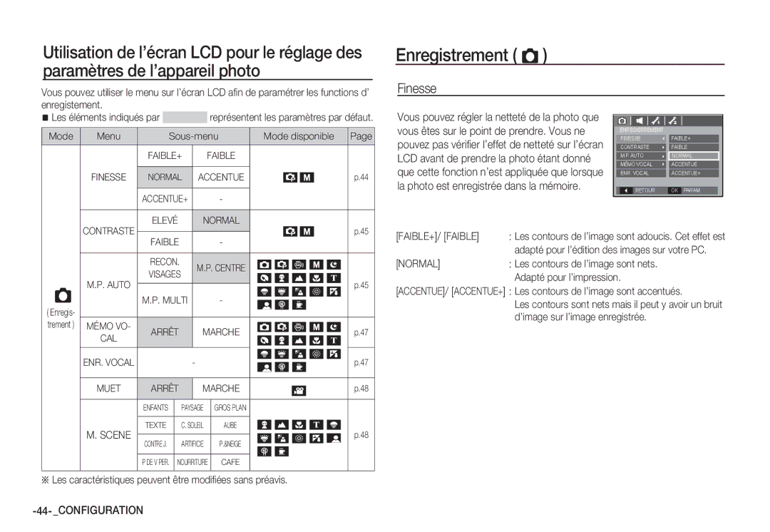 Samsung EC-S85ZZSBB/E3, EC-S85ZZSBA/E1, EC-S85ZZPBA/E2 Enregistrement Ò, Finesse, Configuration, Faible, P. Auto Visages 